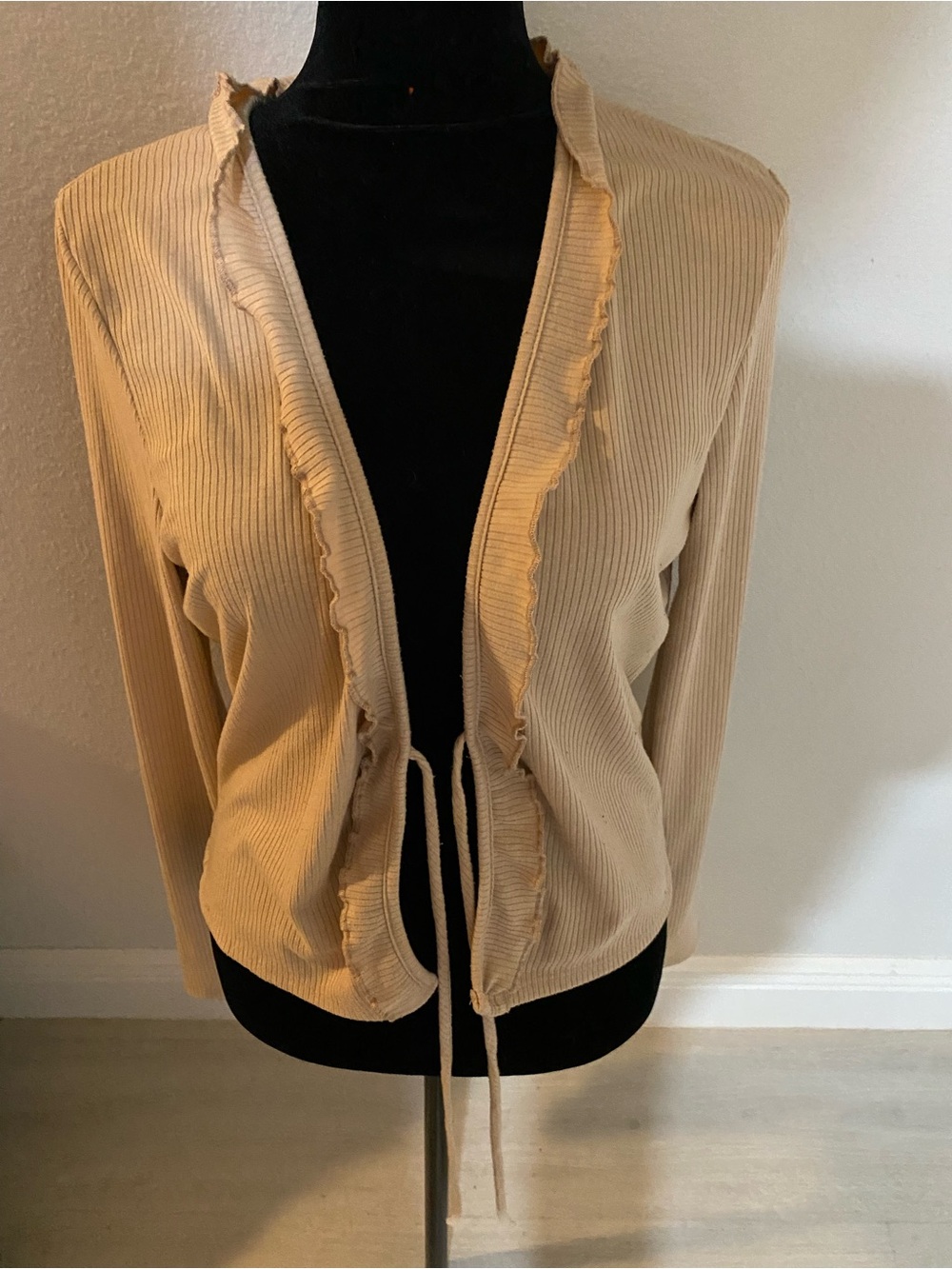 Fashion Nova Beige Ruffle Tie-Front Ribbed Cardigan